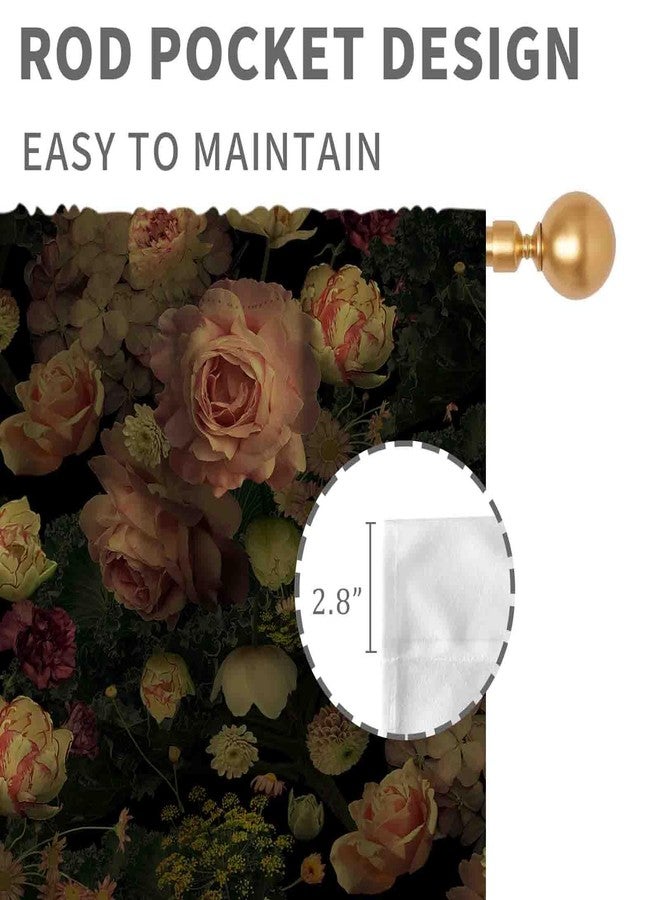 TKUYO Black Floral Curtains, Vintage Pink Rose Peony Boho Flower Night Garden Botanical Colorful Country Retro Blackout Window Drapery Treatments for Bedroom Living Room Bathroom, 42"x45" Inch - Image 5